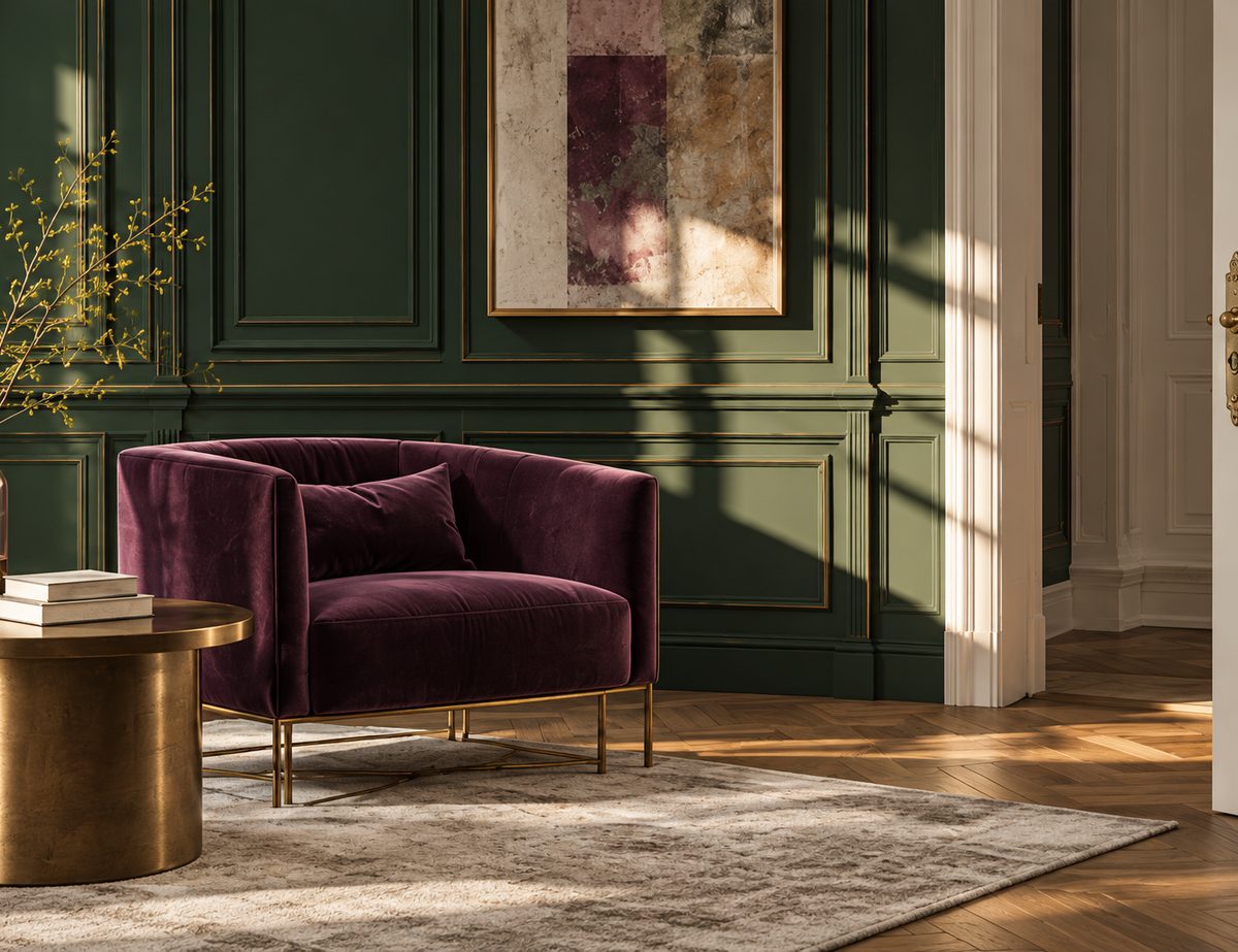 Interior conceptual: lambriuri verde pădure, fotoliu de catifea prună, măsuță de alamă și lumină oblică printr-o ușă crem.