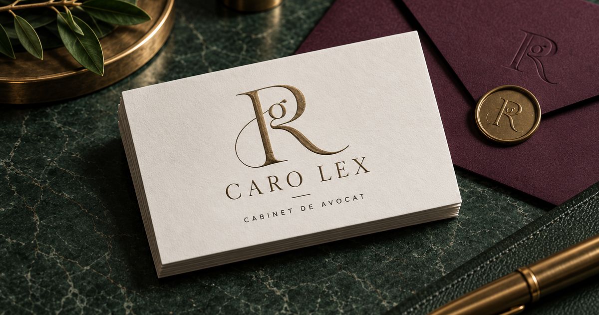 Concept de papetărie CARO LEX: cărți de vizită ivoriu cu monograma în alamă, plic prună și sigiliu de ceară.
