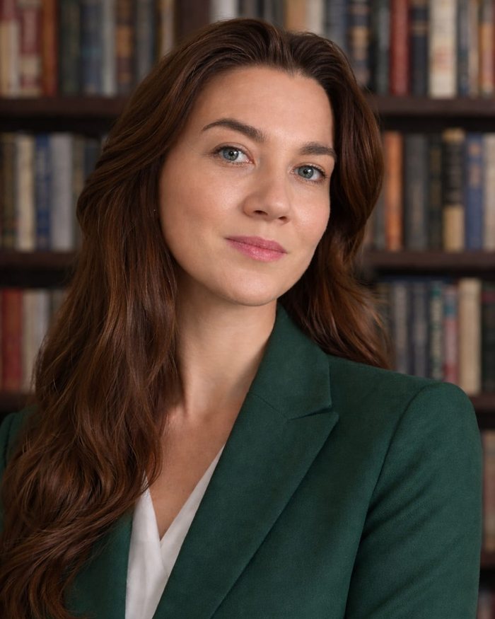 Portretul avocatei Roxana Grădinaru, în sacou verde, în fața unei biblioteci.